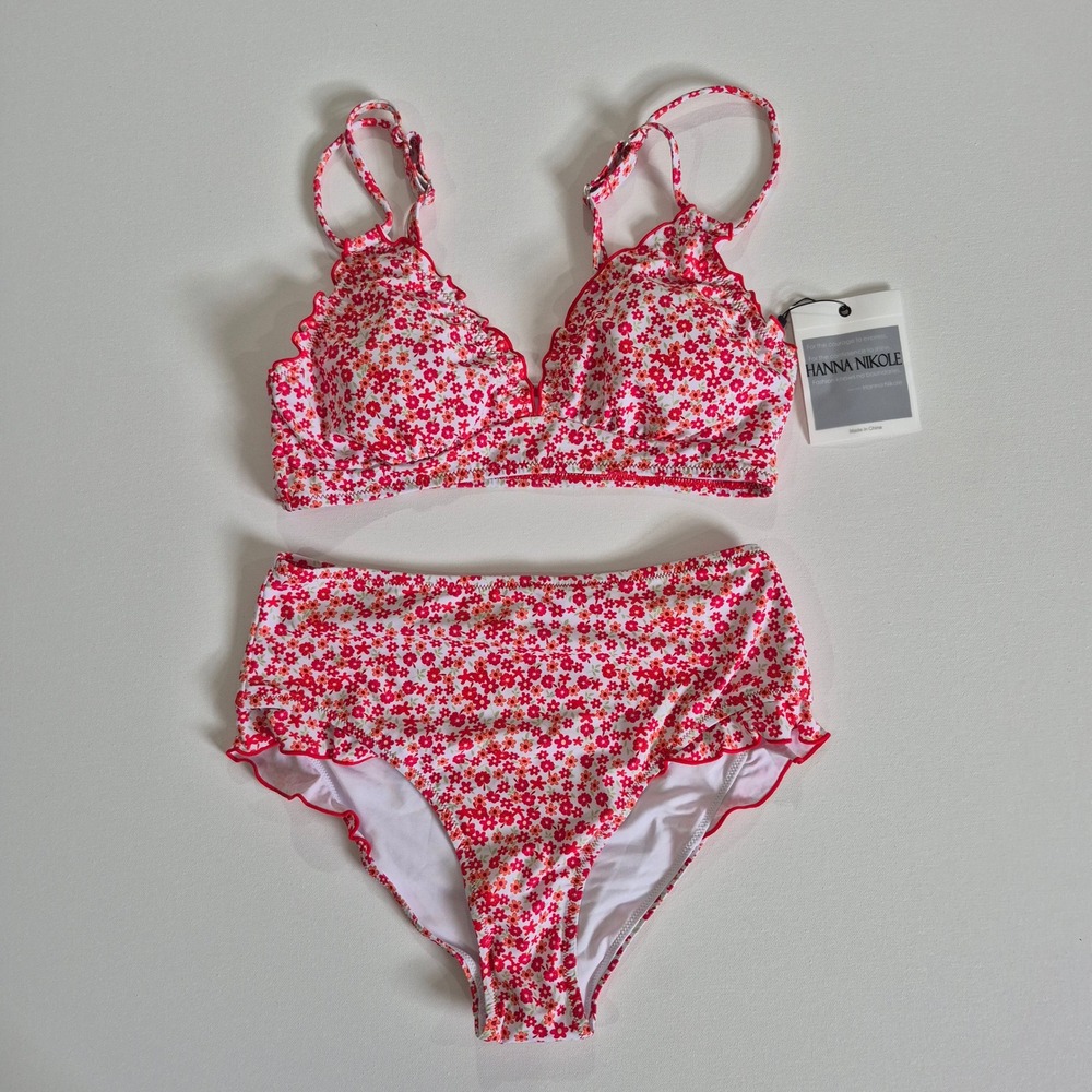 Hanna Nikole Womens Floral Bikini Red High Waisted Ruffle Swimsuit NWT Size M